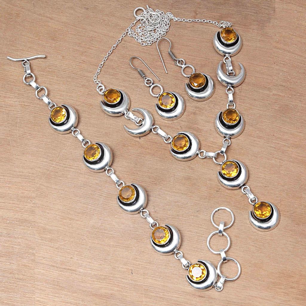 Citrine Quartz Gemstone Handmade Ethnic Jewelry Necklace Set 18-20''