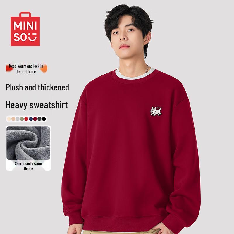 MINISO Men's Retro Fleece-Lined Crewneck Sweatshirt with Kitten Emblem
