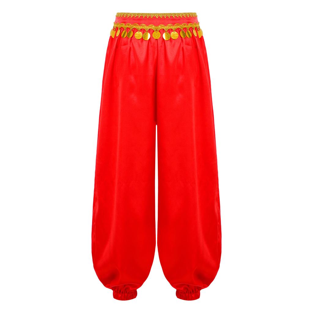 Kids Girls Belly Dance Bloomers Braid Trim Sequin Tassels Loose Pants Side Invisible Zipper for Halloween Theme Party Stage Performance