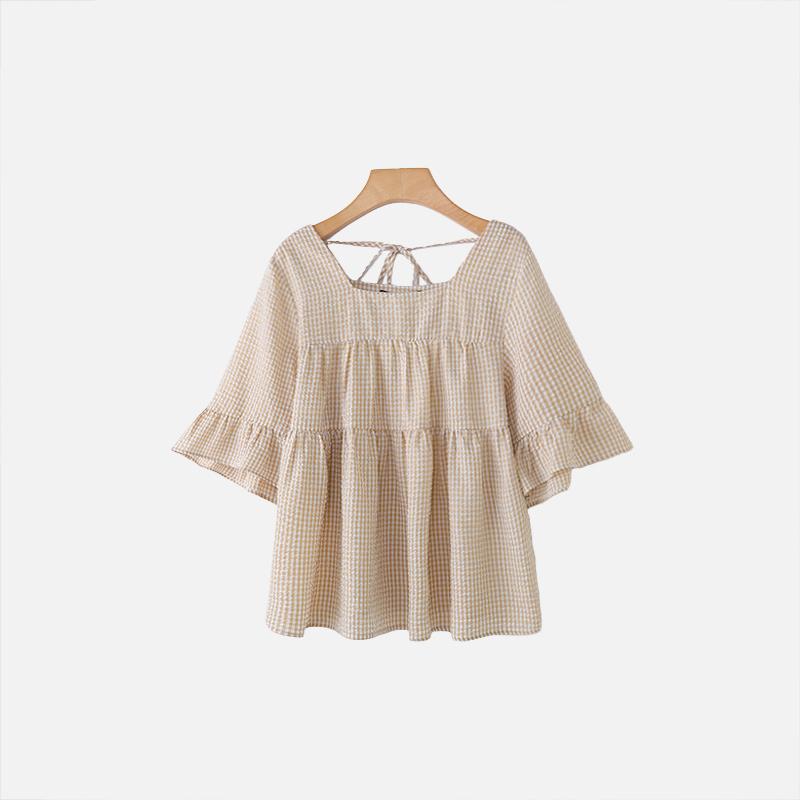 ZANZEA Women Casual Square Collar Plaid Print Loose 3/4 Sleeve Blouse