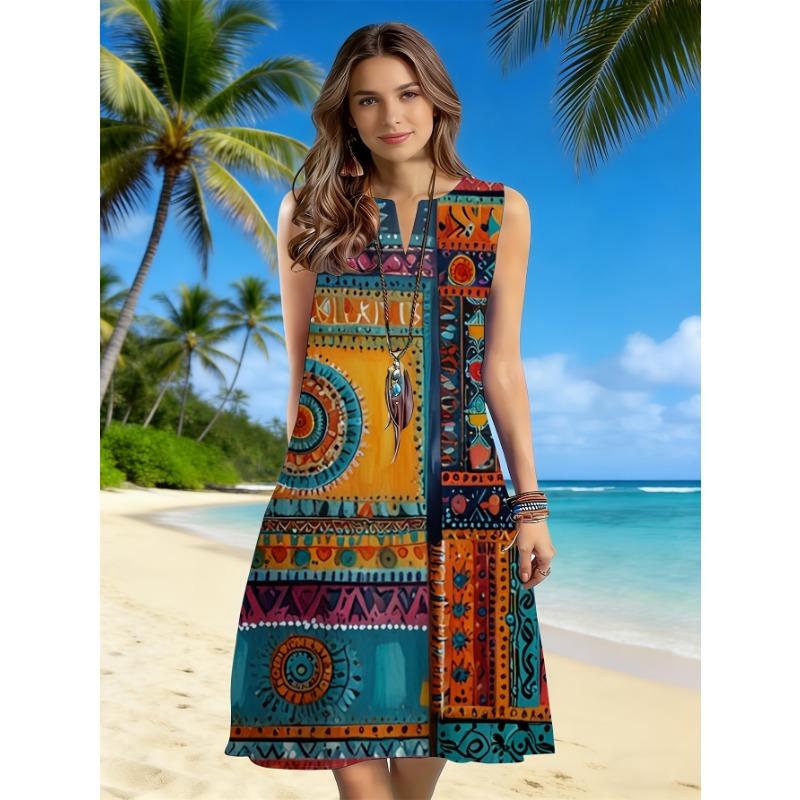

Sleeveless Dress for Women with a Split Neck, Featuring a Bohemian Ethnic Geometric Design, Perfect for Casual Summer Beach Outings S