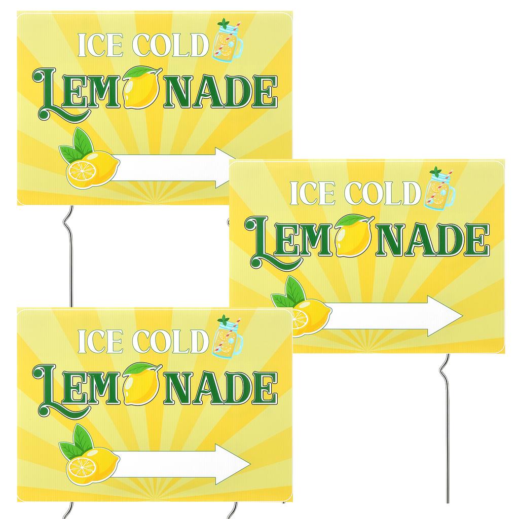 Confezione da 3 Cartelli per Chiosco di Limonata 17''X 12'' Cartello Estivo per Giardino con Picchetto in Plastica Ondulata Bicolore Segni Limon-Ada Lemo-