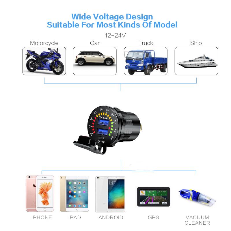 4.8A Dual USB Car Charger Socket With LED Voltmeter Display Mobile Phone Charger Adapter For Car Motorcycle Marine Boat