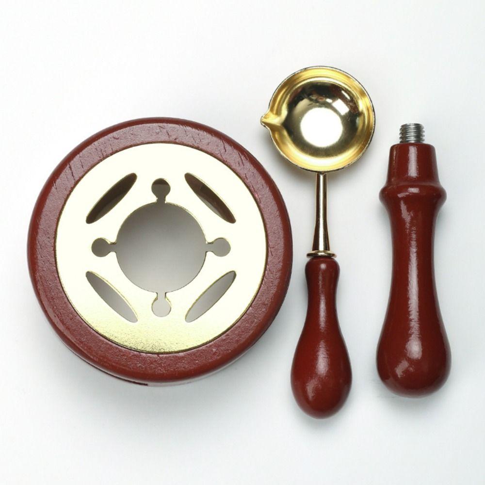 Solid Wood Wax Seal Set with Spoon Vintage Wax Melting Furnace with Handle Heating Stove Wax Bead Melting Heater for 2/3 Pcs