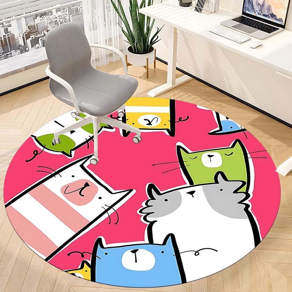 1pc Cat Family Office Round Area Rug, Indoor Mat Suitable ForOffice, Under Office Chairs Bedroom Living Room Home Decor, Room Deco 112