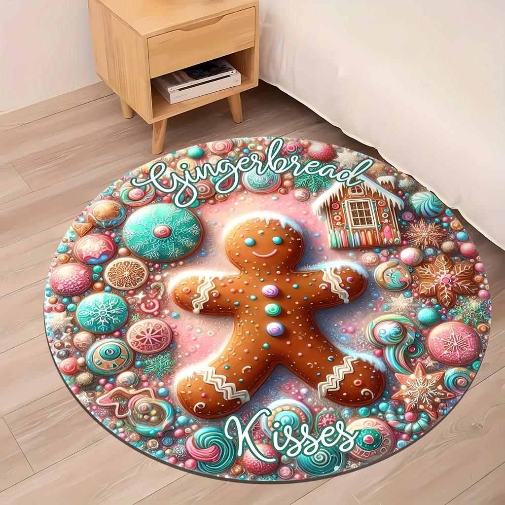 1 Stück runder Teppich mit weihnachtlichem Lebkuchenmuster für den Innenbereich, rutschfest, waschbar, weiche und bequeme Matte für Schlafzimmer und Wohnzimmer