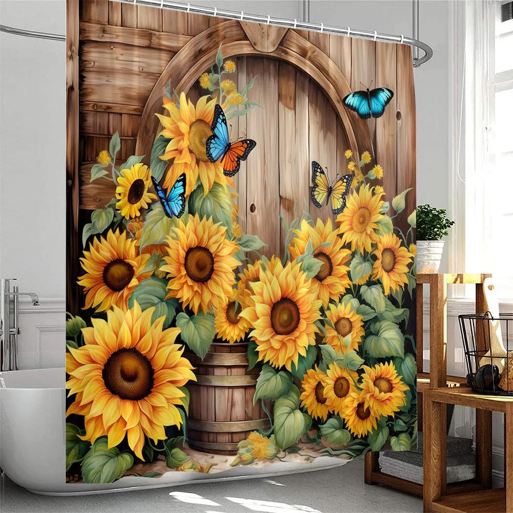 Sunflower Farmhouse Shower Curtain Countryside  Autumn FLowers Birds Butterfly Floral Bathroom Decor Polyester Bathtub Curtain
