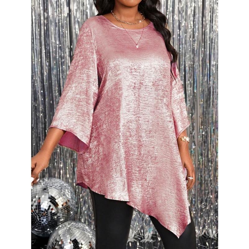 Plus Size Loose Round Neck Three Quarter Sleeve Irregular Hem Top For Women