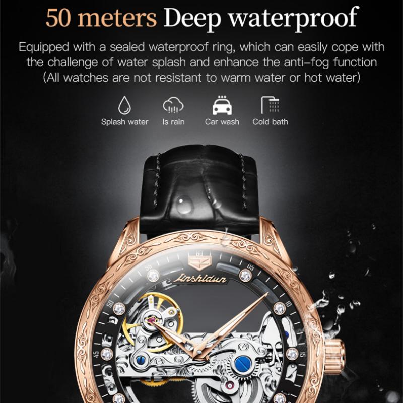 JINSHIDUN New Business and Leisure Men's Watch Fully Automatic Mechanical Watch Perspective Hollow Dial High-end Watch