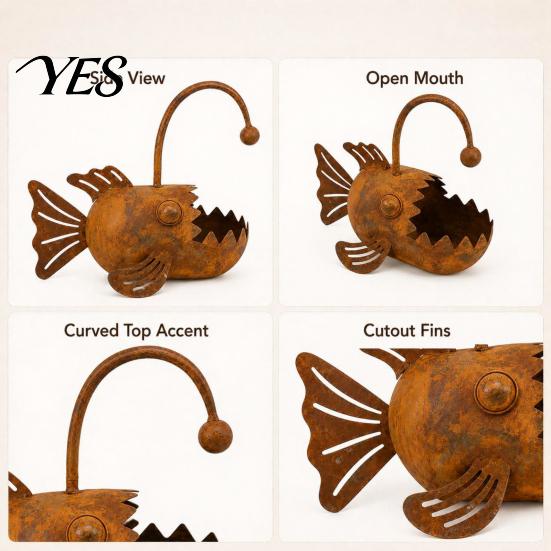 Distressed Iron Planter Fish Shaped Metal Planter, Rustic Anglerfish Flower Pot, Decorative Pot Rusty Plant for Succulents Cacti Small Plants Vintage