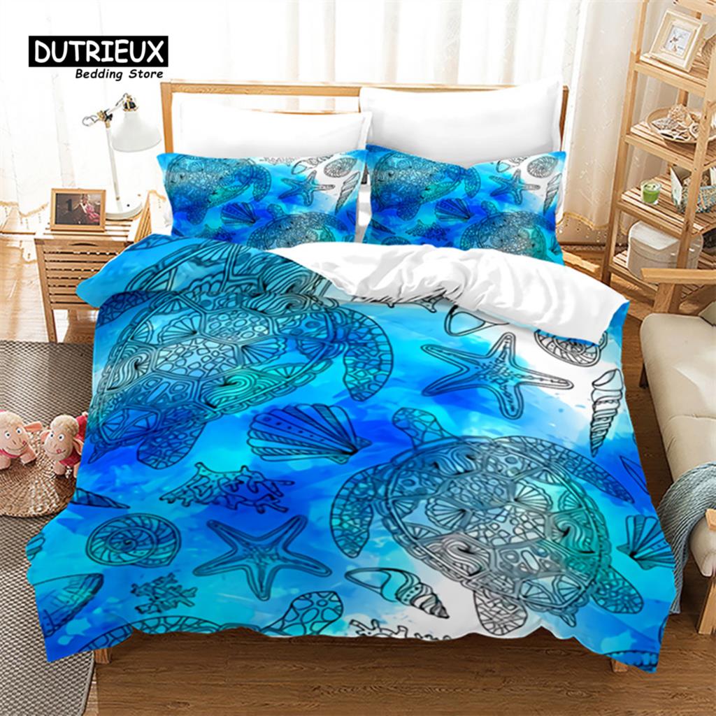 Sea Animal Duvet Cover Octopus Turtle Starfish Queen Bedding Set Microfiber Ocean Life Bedding Set King For Kids Boys Girls Teen