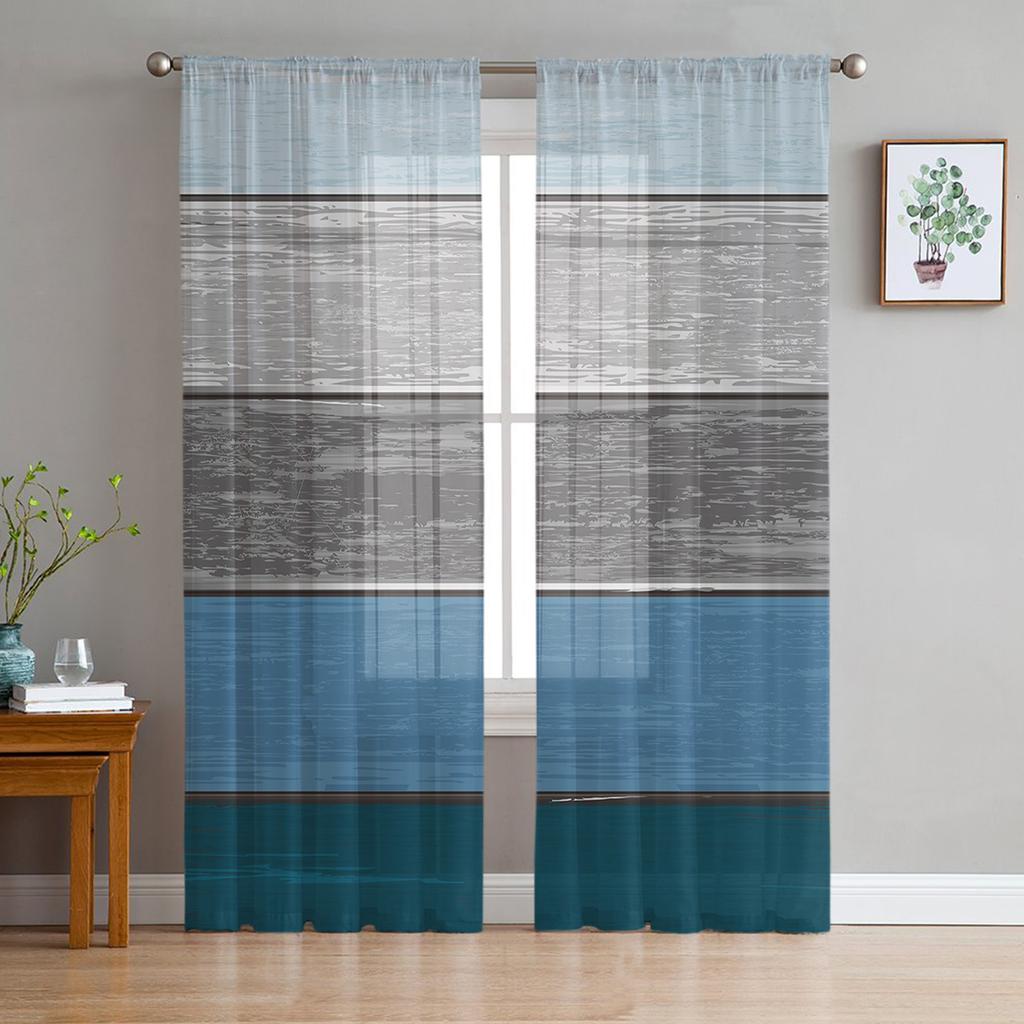 Retro Farm Barn Blue Gray Striped Gradient Sheer Curtains for Living Room Tulle for Windows Voile Yarn Short Bedroom Curtains