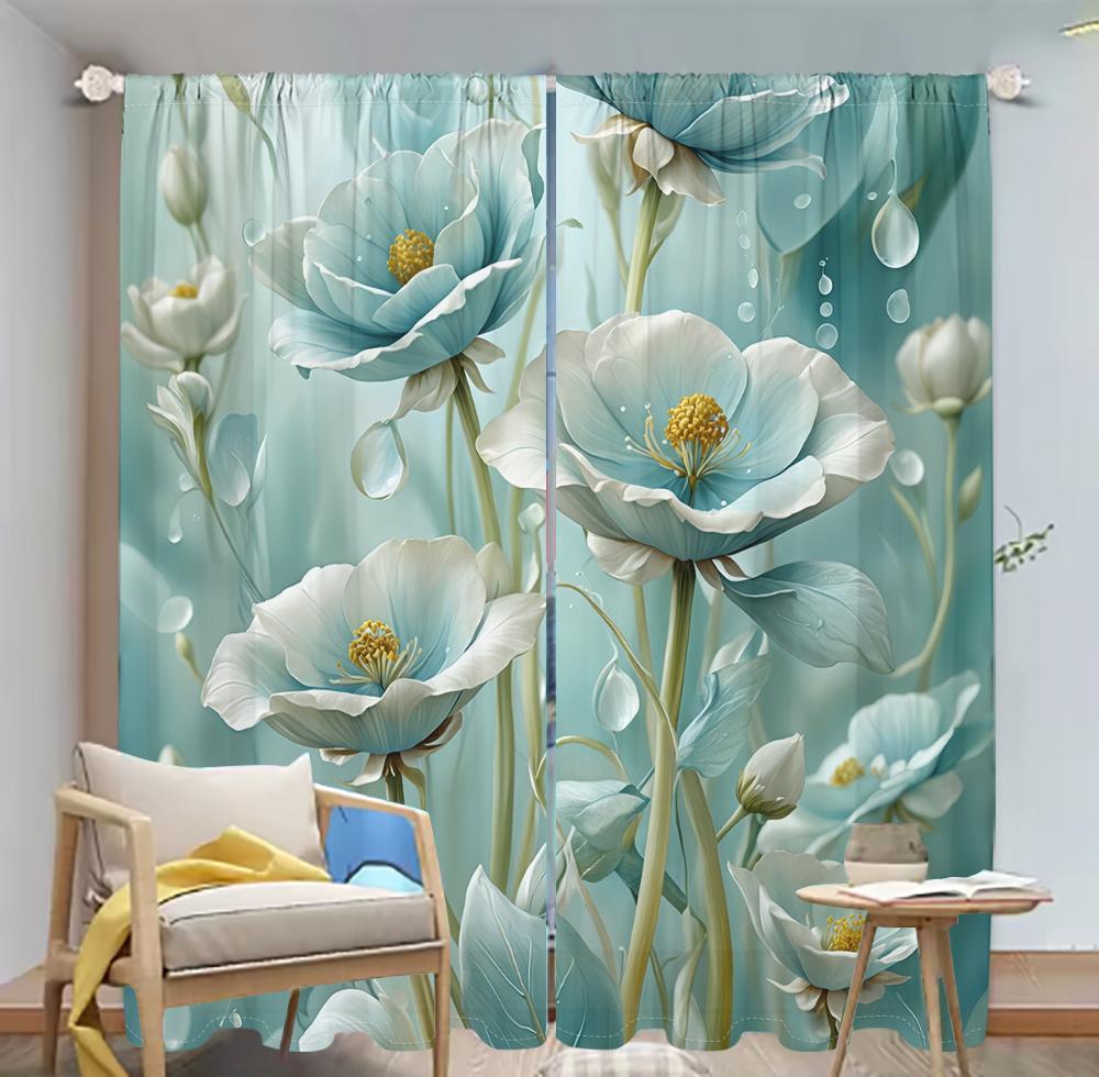 

2 шт. Бирюзовые шторы с цветочным принтом 3D мак капли воды узор гостиная спальня балкон солнцезащита свежий натуральный декор шторы 29.5W65H(inch)x2Pcs&Rod Pocket