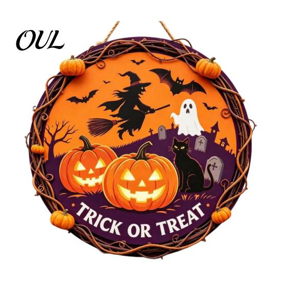 Ghost Wall Ornament Vintage Wooden Halloween Welcome Door Hanger, Pumpkin Skull Witch Farmhouse Hanger Sign, Hanging Decor for Front Porch Decoration