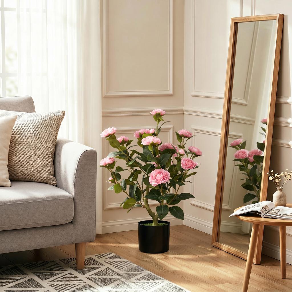 65cm Artificial Camellia Flower Plant In Pot With 116 Lush Leaves And Moss Effect Pink