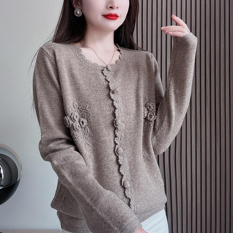 Early Autumn Women's Round Neck Knit Cardigan - Solid Color, Lightweight, Loose Wool Sweater