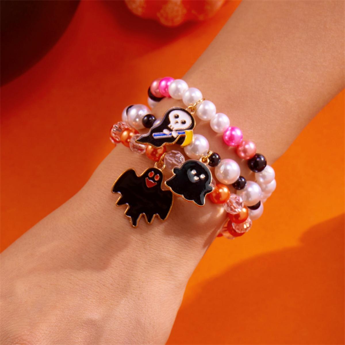 

3 шт./Набір Хелловінський Привид Чорний Кіт Смоляні Браслети з Намистинами Череп Гарбуз Кажан Місячний Замок Багатошаровий Браслет Для Жінок Чоловіків Прикраси
