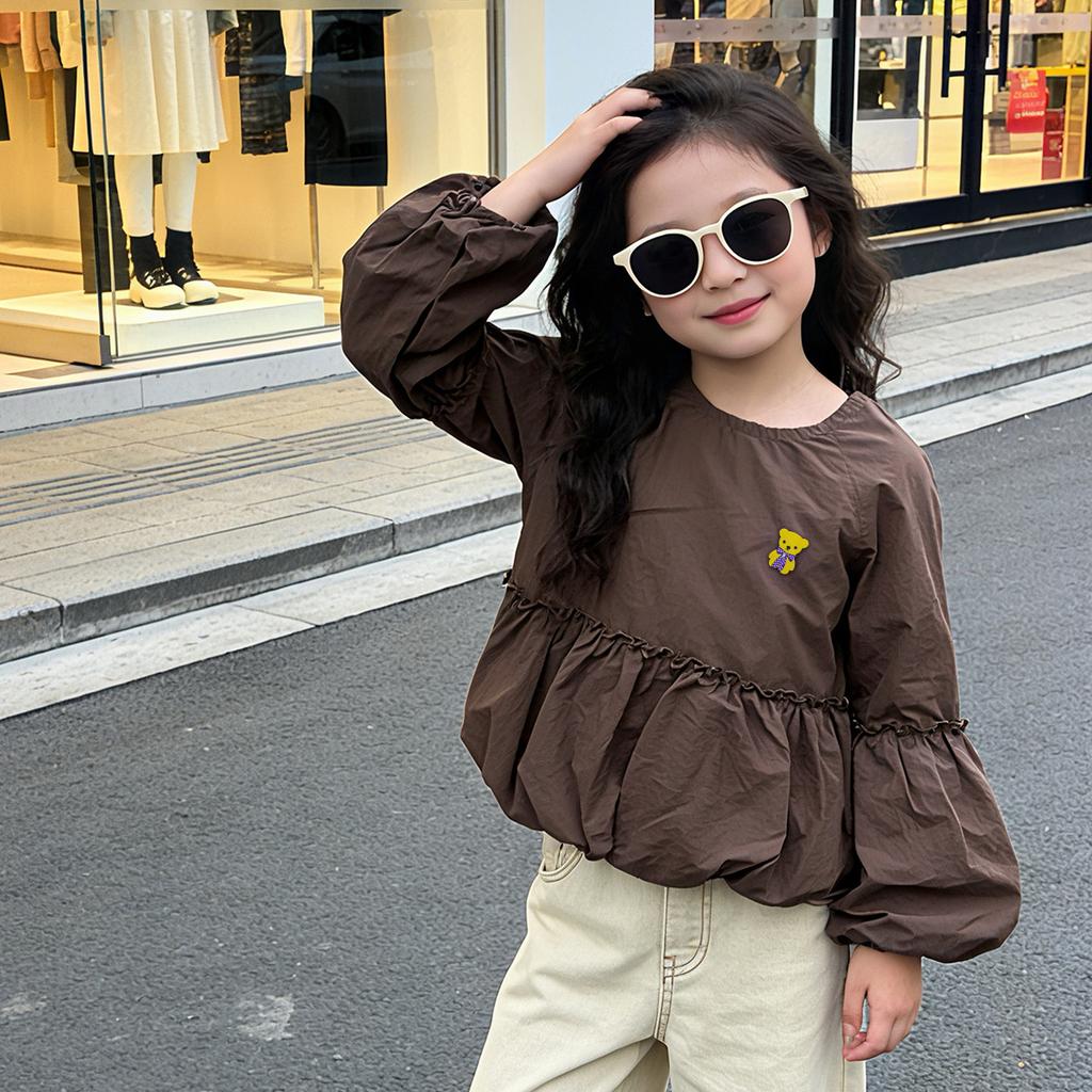 Girl's flower bud sleeve shirt for spring and autumn, loose round neck top for adults