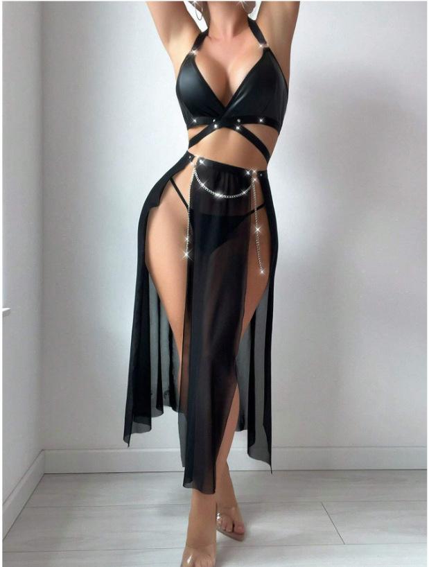 European and American New Sex Underwear Sexy Mesh Patent Leather Chain Strap Backless Perspective Sex Suit