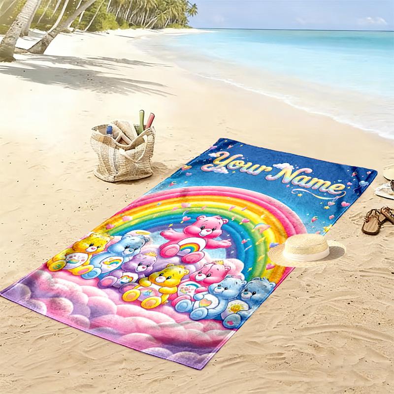 Name Custom Cartoon Care bears Print Beach Towel, Large Soft Quick Dry Towel for Beach Camping Swimming