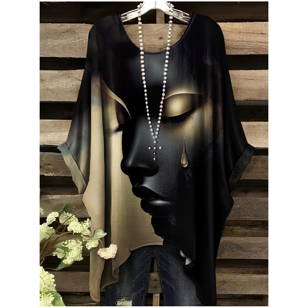 Vêtements pour femmes Décontracté Élégant Confortable Col Rond Manches Courtes T-shirt Portrait de Rêve Larmoyant Impression Pullovers Confortables