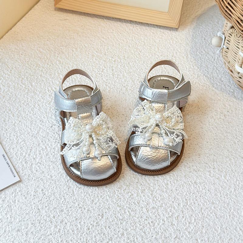 

Sandals for Girls Sweet Lace Bow-tie Baby Shoes T-tied Non-slip Sandals for Kids Girl Children Soft Sole Kids Shoes 26-36 J04061 23 серебряный