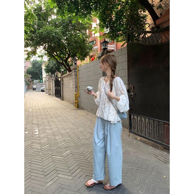 Small fresh floral long-sleeved shirt Small loose and thin round neck sweet girly versatile chiffon shirt