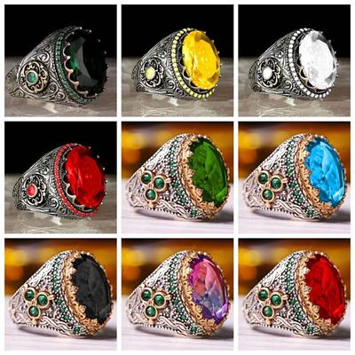 Lünette mit Kristall eingelegt Herren Luxusring Persönlichkeit Retro Großer Zirkonring Ethnisch Türkischer Stil Arabischer Mann Ring Party