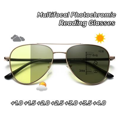 Retro Double Beam Large Frame Presbyopia Glasses Photochromic Multifocal Reading Anti Blue Light Eyeglasses Night Vision
