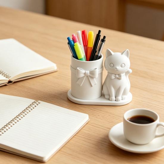 huaqianguhh Cat Pen Holder, Cute Kitty Desk Organizer with Pens, Pencils, Makeup Brushes, 3D Printed Sculpture for Home Office Decor