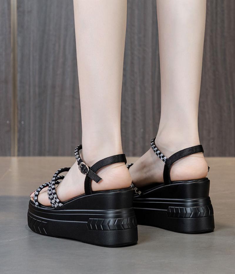 Footwear Wedges Heel Women's Shoes Diamond Sandals for Woman Wedge with Platform Waterproof Summer 2024 Super-high Outdoor Black
