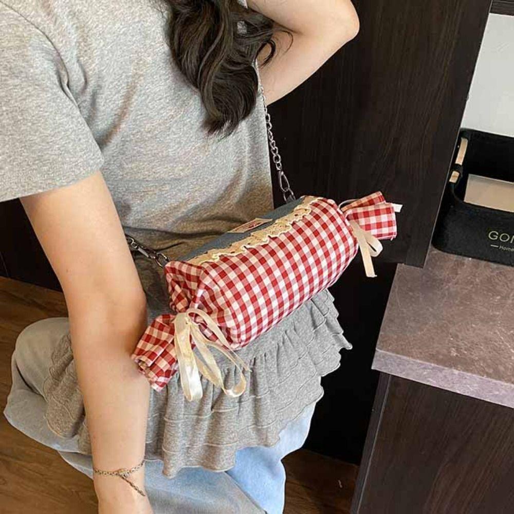 Cherry Red Plaid Crossbody Bag Canvas Denim Lace Shoulder Bag Literary Candy Shape Bag  Summer