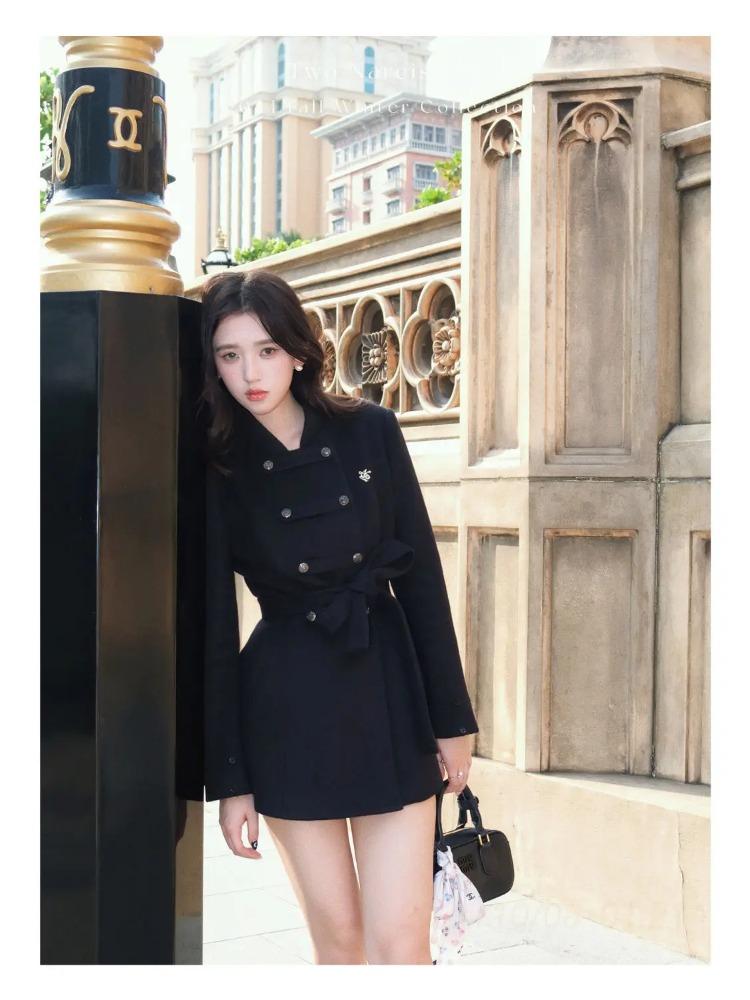 2025 Winter Französisch Vintage Elegant Wollmantel Frau Schwarz Schick Schal Umhang + Retro Locker Trenchcoat Damen Bandage Korea Modedesign Outfits