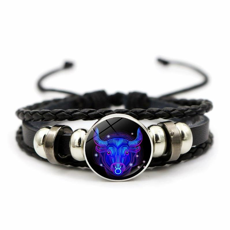 12 Sternbilder Sternzeichen Schwarzes geflochtenes Lederarmband Krebs Löwe Jungfrau Waage Gewebtes Glaskuppelschmuck Punk Herrenarmband