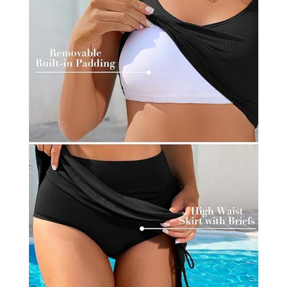 CHARMLEAKS Damskie dwuczęściowe komplety bikini z wysokim stanem i spódniczką kontrolujące brzuch, prążkowane, sportowe bikini, strój kąpielowy 2025