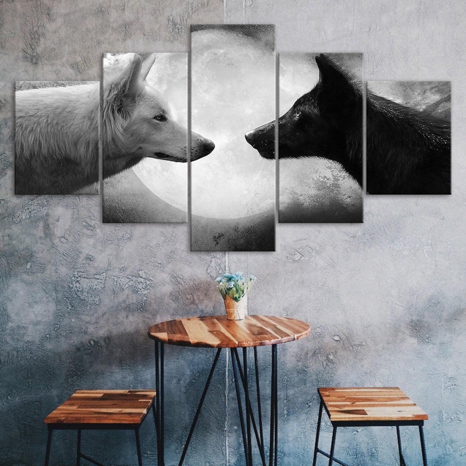 

Wolves Black and White Full Moon 5 Piece Five Panel Wall Canvas Print Modern Pictures Home Decor Gift For Him For Her 20X35 20X45 20X55CM