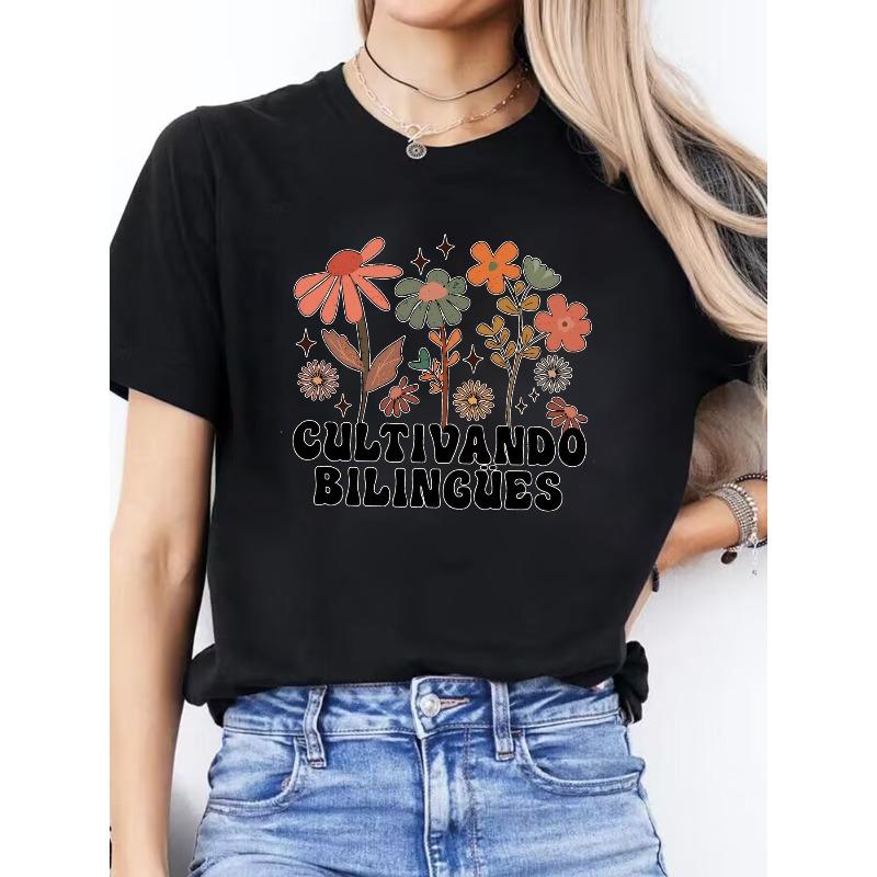 Women s Casual Sports Top, Round Neck, Short Sleeve, Spanish Letter And Floral Print, For Spring And Summer S чёрный