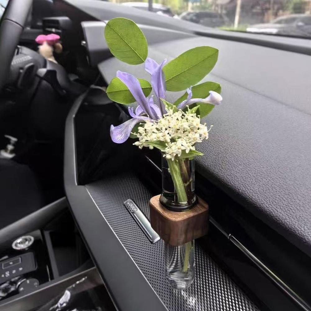 Wood Car Hydroculture Flower Vase Glass with Clip Air Vent Test Tube Flower Holder For Car Interior Plant Decor