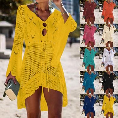 Copricostume estivo da spiaggia per donna, gonna in maglia traforata, maniche a tromba, bikini da spiaggia, camicetta, protezione solare