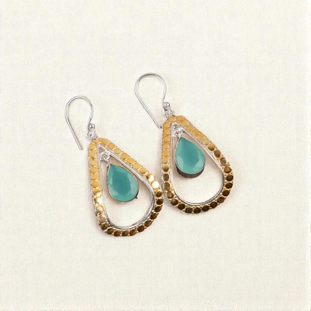 Aqua Chalcedony Gemstone 925 Sterling Silver Jewelry Handcrafted Earrings 2.27" EE-82-29