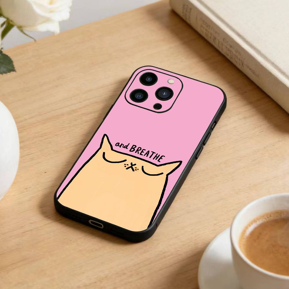 Striped Shirt Coffee Cat Phone Case For iPhone 17 16 15 14 13 12 Max Plus Silicone Black Cover
