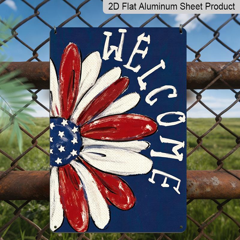 2D Flat Patriotic Flower Welcome Metal Sign, 8×12 Inch Aluminum Wall Art, American Flag Daisy Design, Durable Decor for 4th of July, Memorial Day