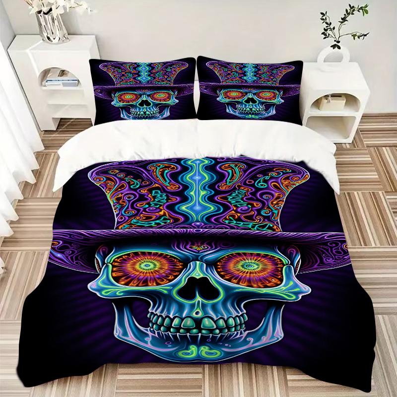 3Pcs Psychedelic Skull Art Bedding Set Soft Fabric Duvet Cover Pillowcases Home Christmas Xmas Halloween Gift 1 Duvet Cover 2 Pillowcase G1193