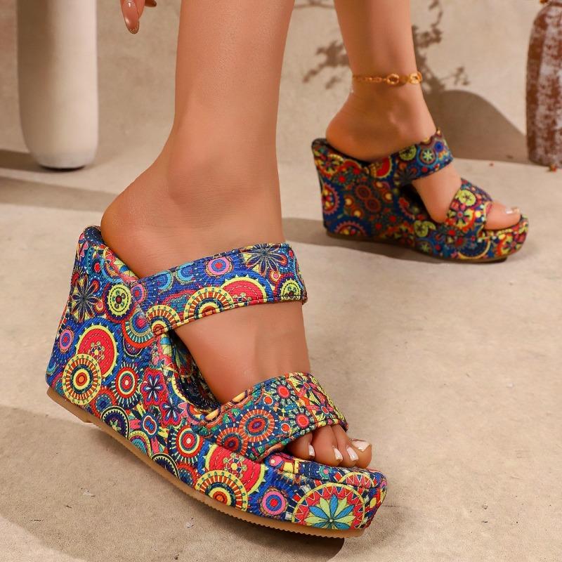 Summer New Large-Size Printed Ethnic Style Wedge Sandals – Thick Platform Chunky Slippers for Women