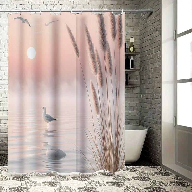

Elegant Sunset Scene Shower Curtain With Seagull And Reeds Bringing Nature Into Your Bathroom For A Relaxing Experience W60H190(CM)-1 Pcs