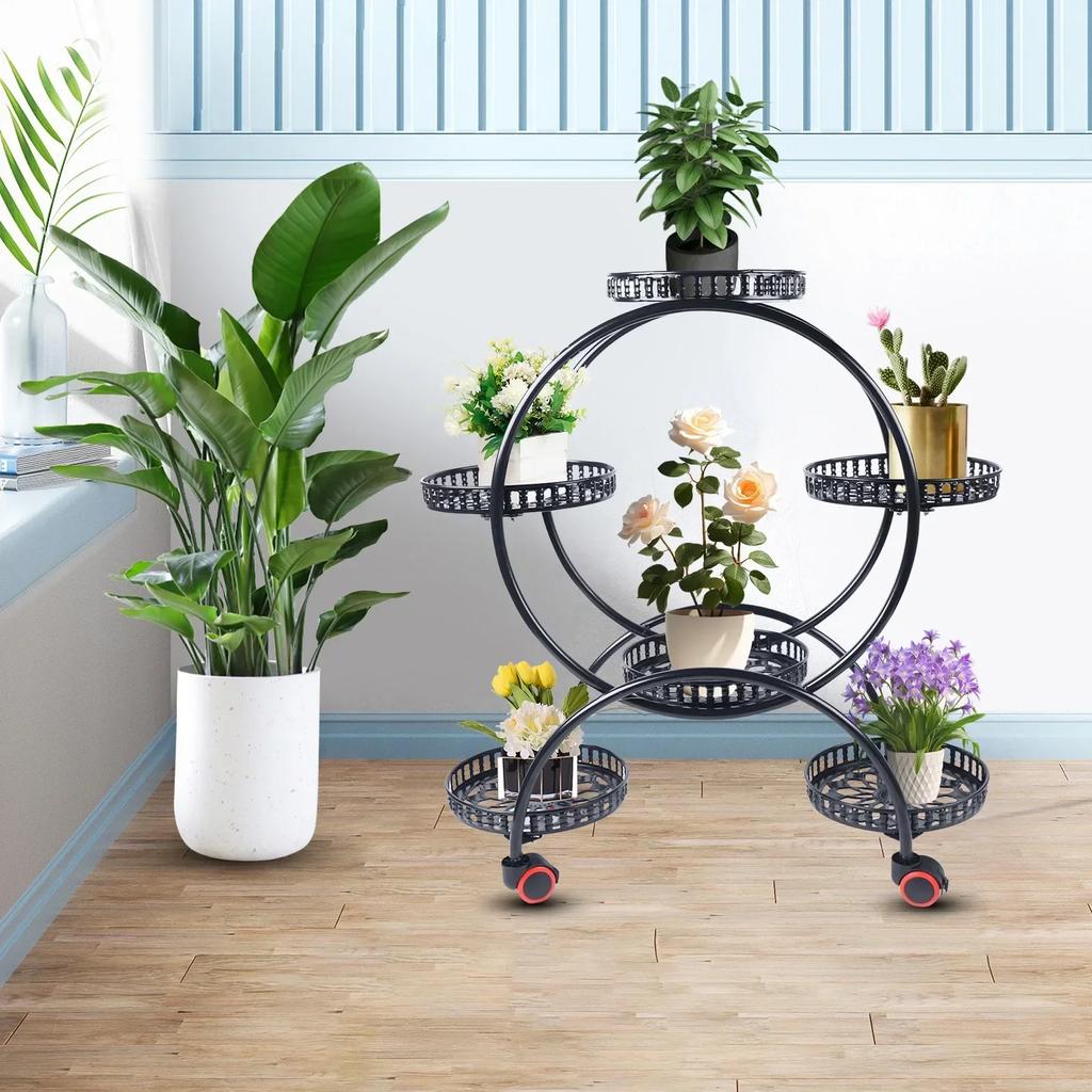 6 Pots Plants Flower Holder 4 Tier Display Shelf Rack with Wheels for Patio Garden Yard Home Decor Indoor Outdoor, Round Black