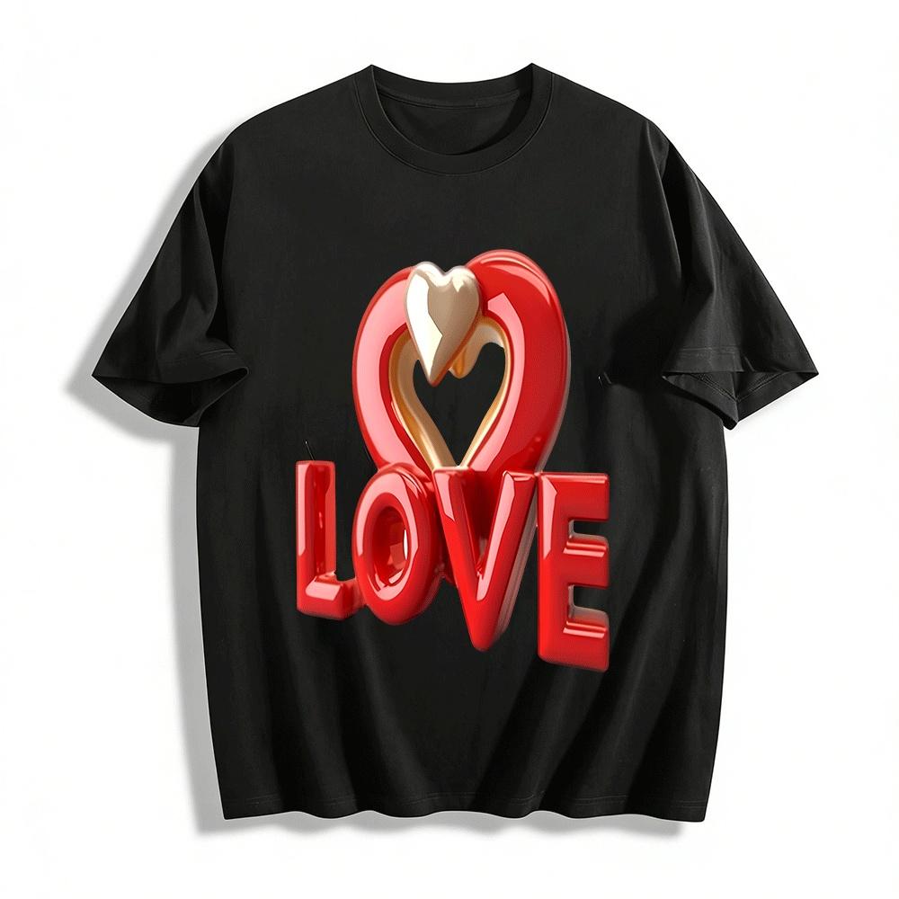 

Heart LOVE Print Couple Casual Versatile Crew Neck Short Sleeve T-Shirt Pure cotton T-shirt 6XL