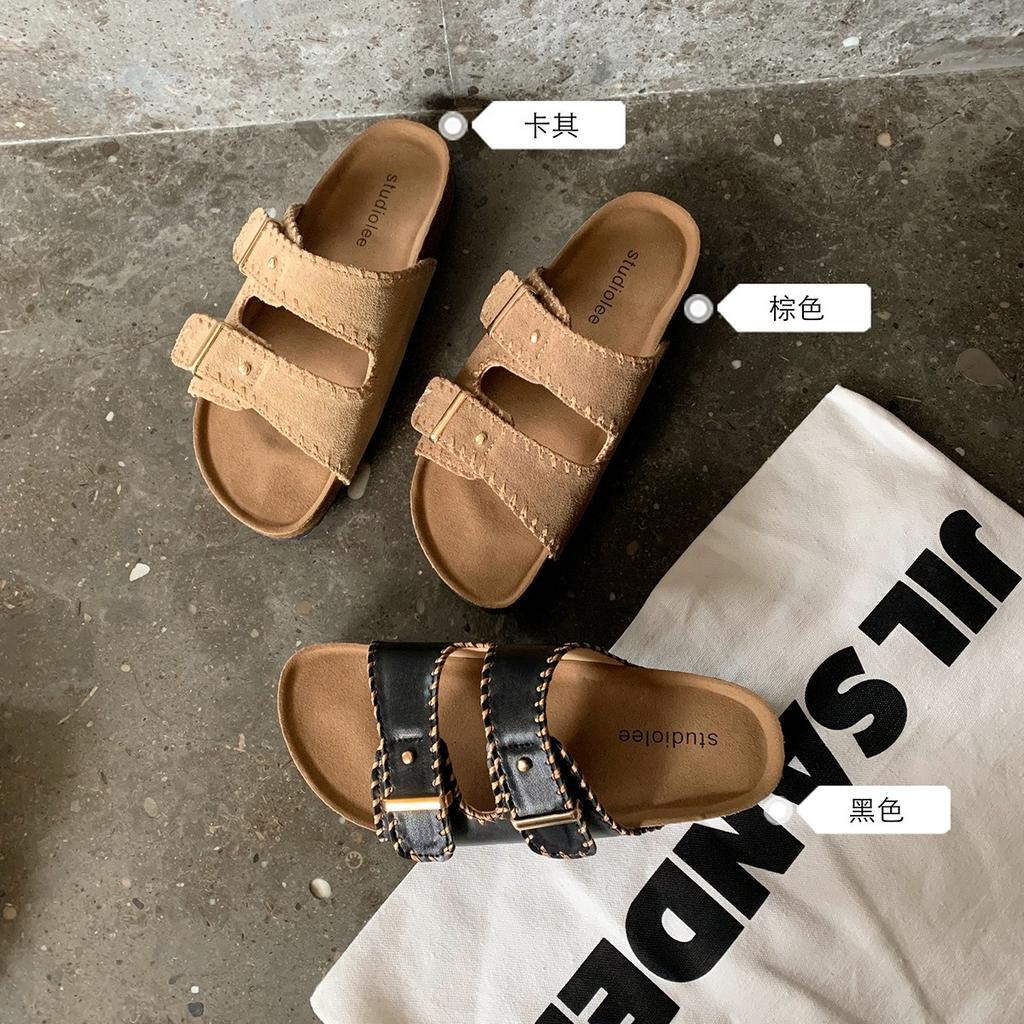 Shoes retro hand-stitched buckle with white lazy pedal Birkenstocks slippers