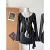Women's Retro Waist Slimming Top Lace Drawstring Loose Long Sleeve Hole Breaking Large Size Tops