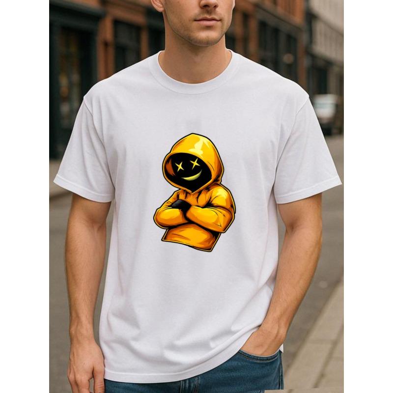 European size Yellow Hat Smiling Face Little Figure Cool Street Style Summer Fashion T-shirt, Casual Short-sleeved T-shirt, Round-neck Top